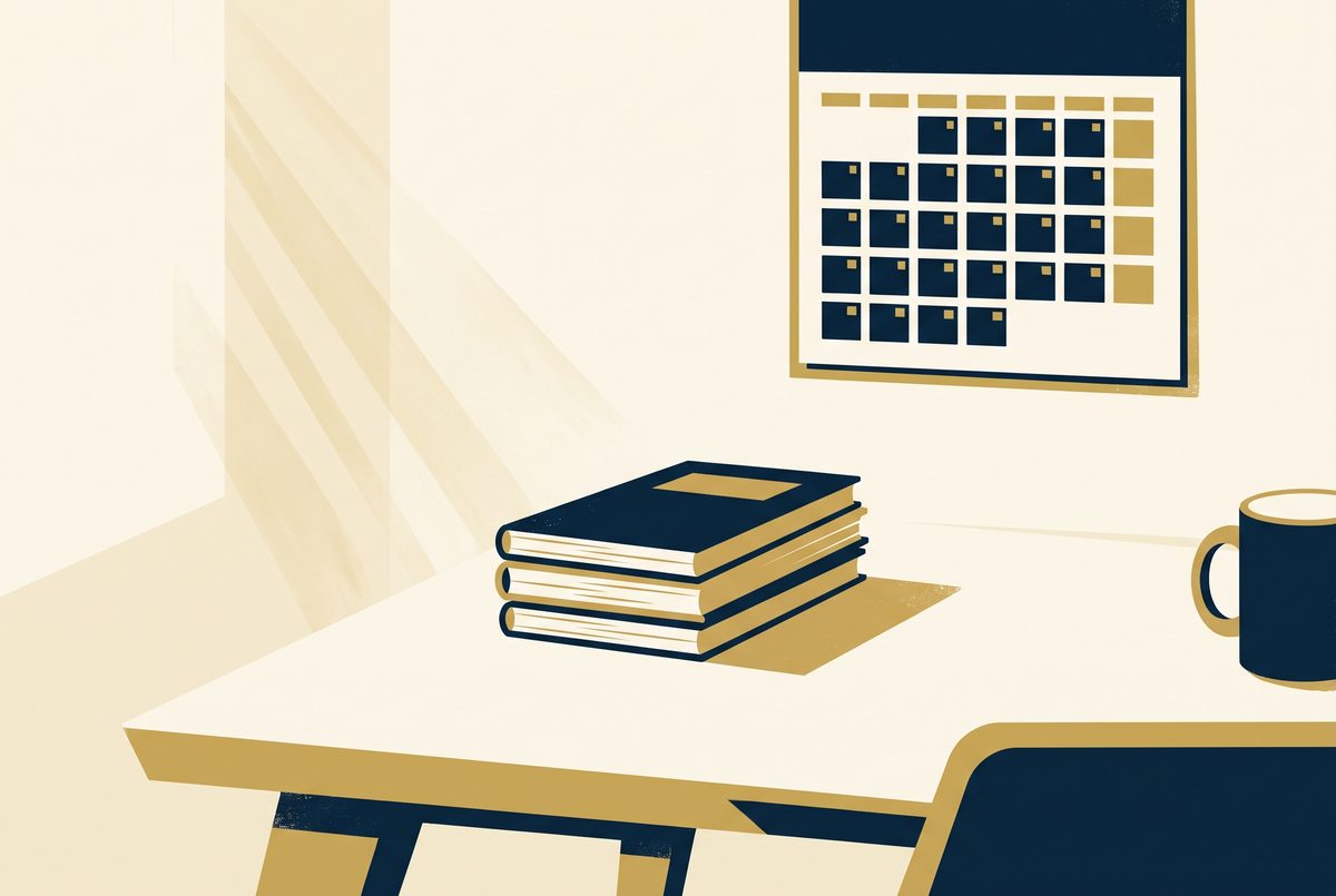An editorial illustration of a small stack of monthly financial reports on a desk with a calendar behind them, in navy and gold.