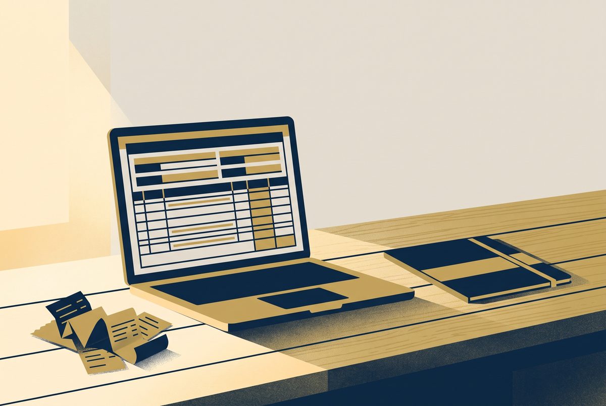 An editorial illustration of an open laptop showing a ledger beside a small pile of receipts and a closed folder on a desk, in navy and gold.