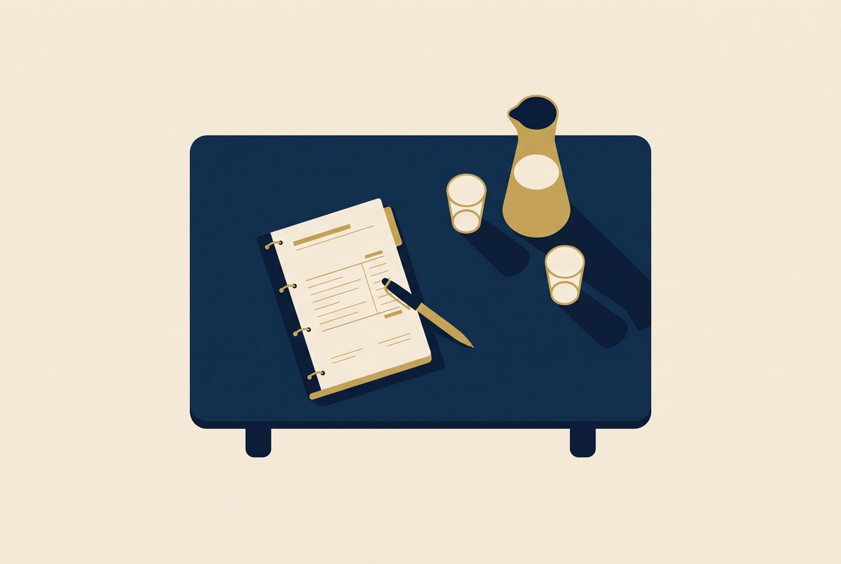 An editorial illustration of a meeting table with a printed budget, a pen and a jug of water, in navy and gold.