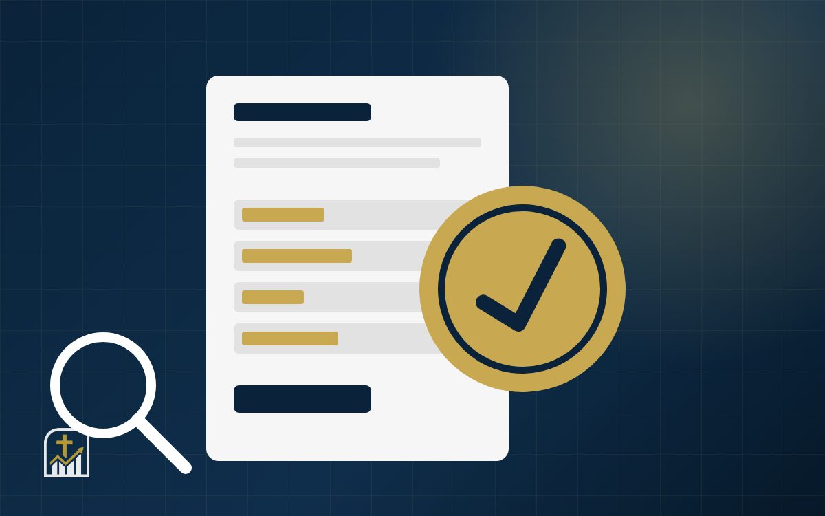 Editorial illustration of a tax return folder, a checkmark stamp and an envelope from a revenue agency, drawn in navy and gold.