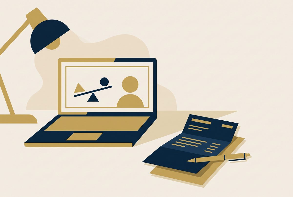 An editorial illustration of a bank statement beside an open laptop showing a balance, in navy and gold.