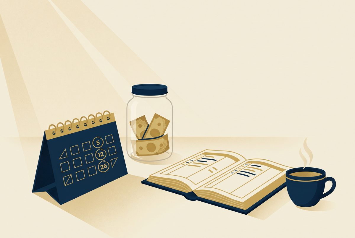 An editorial illustration of a desk calendar with four dates circled, a small savings jar and a ledger, in navy and gold.