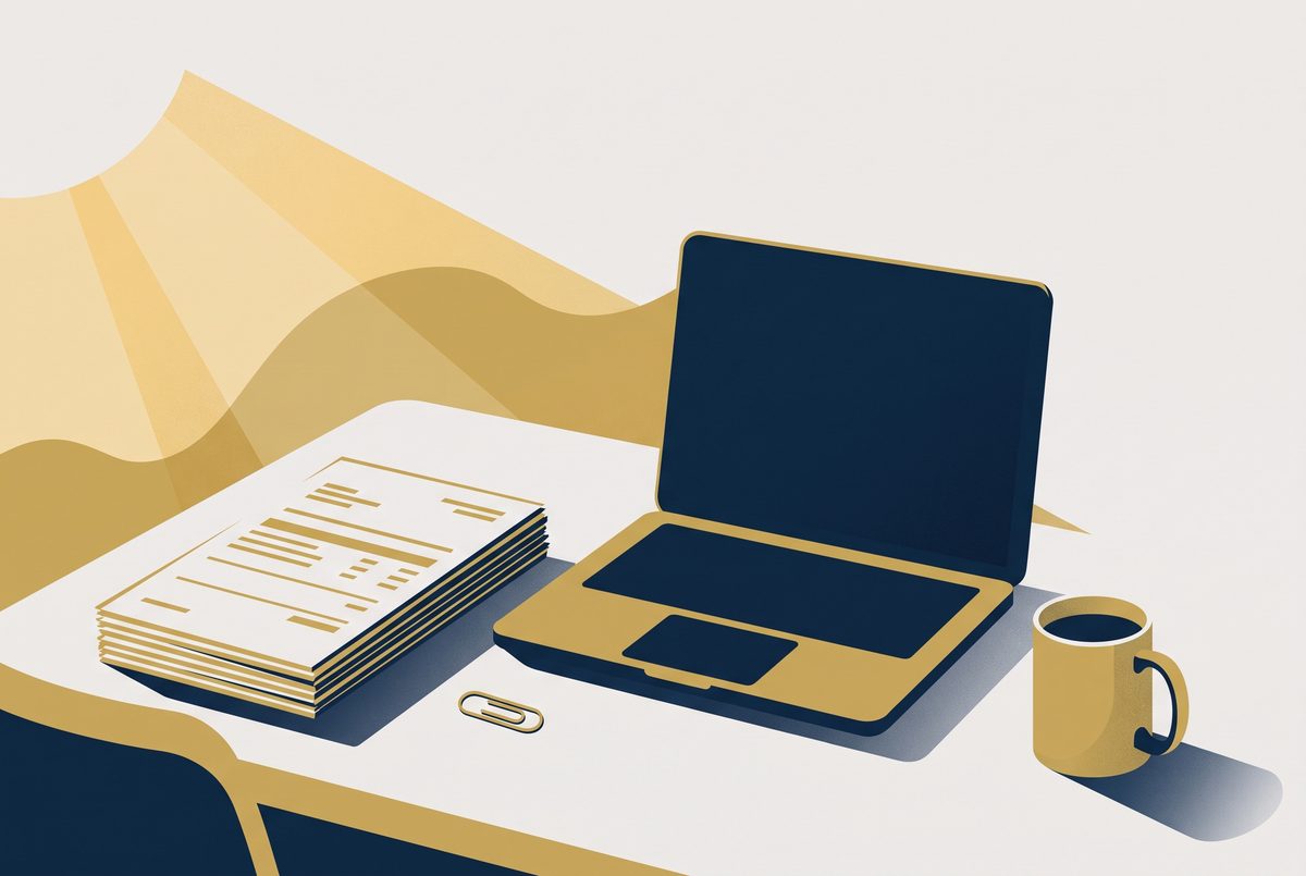An editorial illustration of a desk with a laptop, a stack of bank statements and a coffee cup, in navy and gold.