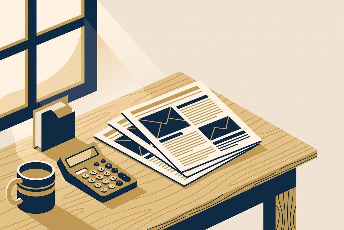 An editorial illustration of three printed financial reports fanned out on a desk beside a calculator and a coffee mug, in navy and gold.