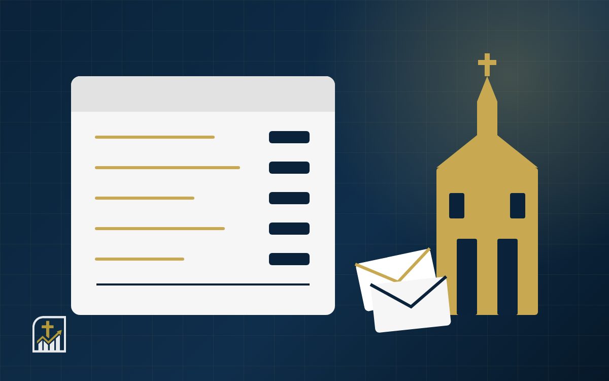 Editorial illustration of an open ledger, a church steeple and a stack of giving envelopes, drawn in navy and gold.
